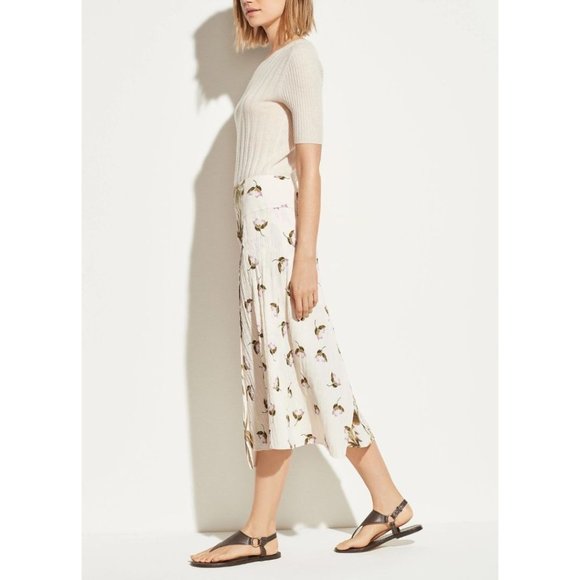 Vince Tropical Garden Flowers Palm Trees Print Crepe Midi Skirt Size 4 - Picture 2 of 10